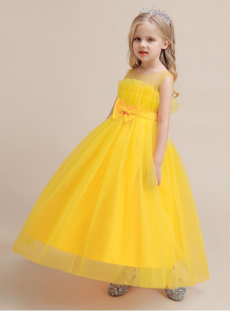 Yellow mesh party dress with front bow and ruffled hem