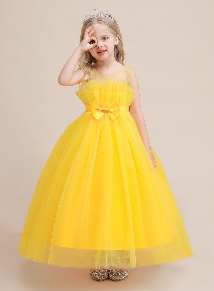 Yellow mesh party dress with front bow and ruffled hem