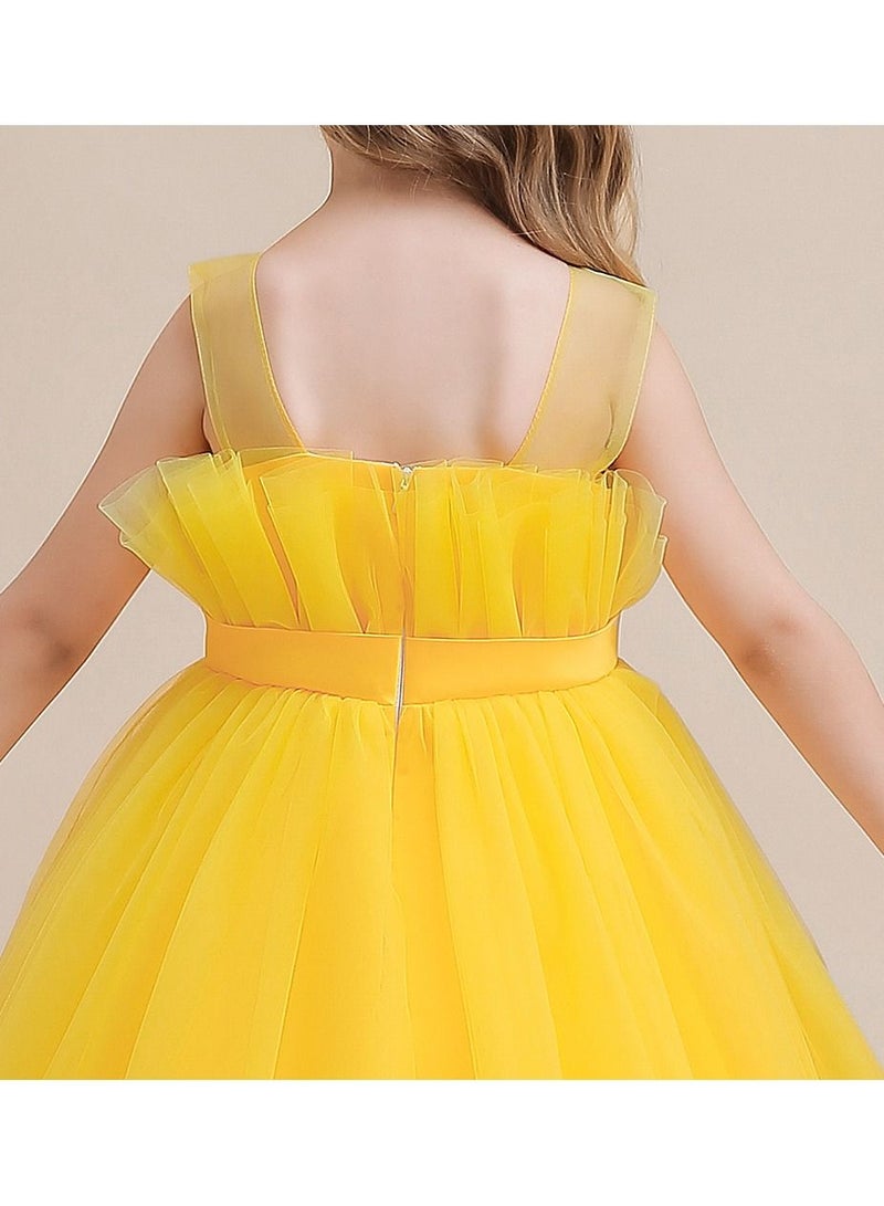 Yellow mesh party dress with front bow and ruffled hem