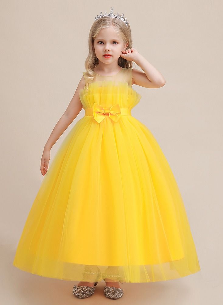 Yellow mesh party dress with front bow and ruffled hem