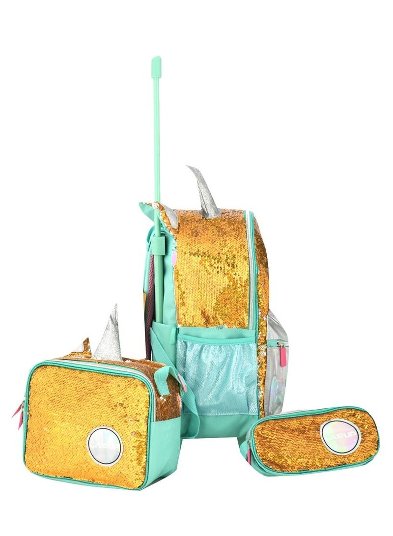 LIVE UP 3 in 1 mint green trolley school bag with lunch bag and pencil case 2 pockets and 2 side pockets (29*17*46)