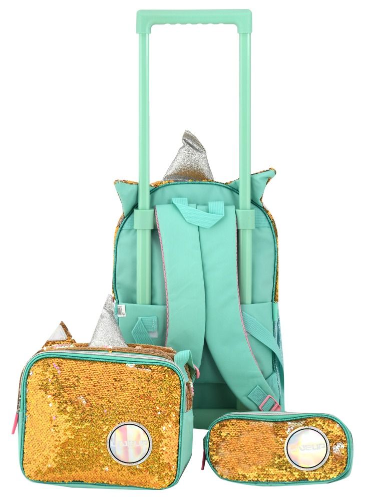 LIVE UP 3 in 1 mint green trolley school bag with lunch bag and pencil case 2 pockets and 2 side pockets (29*17*46)