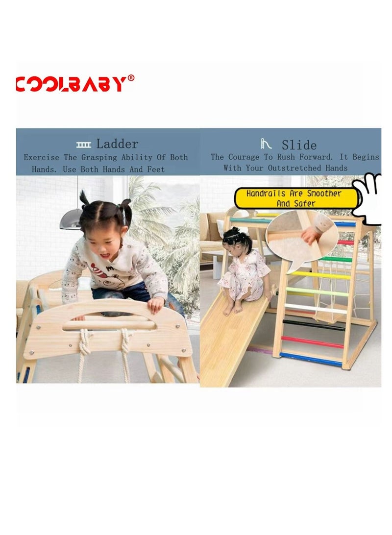 COOLBABY 6 in 1 Solid Wood Children's Climbing Frame. Indoor Toddler And Kids Indoor Gym Playground. Rock Climbing Slide Swing Combination. Double-Sided Slide Board (Climbing/Slide)