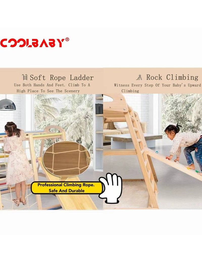 COOLBABY 6 in 1 Solid Wood Children's Climbing Frame. Indoor Toddler And Kids Indoor Gym Playground. Rock Climbing Slide Swing Combination. Double-Sided Slide Board (Climbing/Slide)