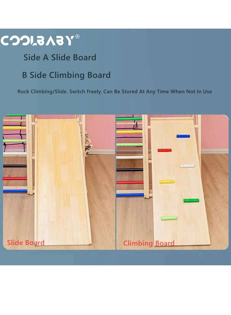 COOLBABY 6 in 1 Solid Wood Children's Climbing Frame. Indoor Toddler And Kids Indoor Gym Playground. Rock Climbing Slide Swing Combination. Double-Sided Slide Board (Climbing/Slide)