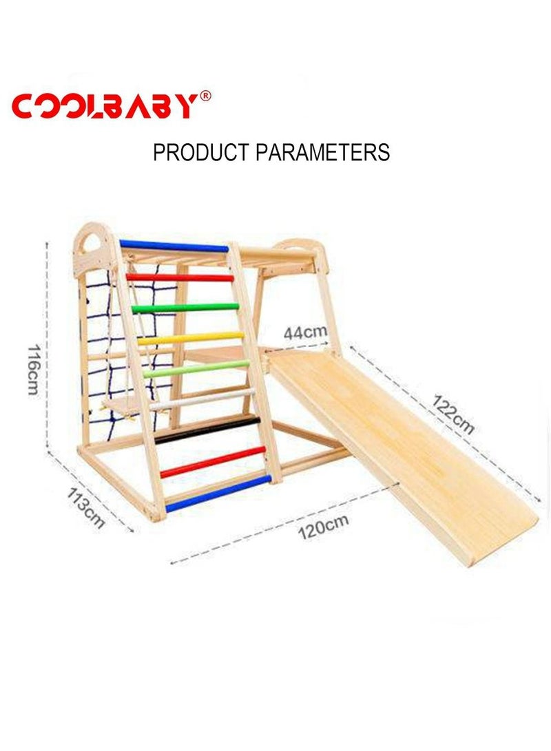 COOLBABY 6 in 1 Solid Wood Children's Climbing Frame. Indoor Toddler And Kids Indoor Gym Playground. Rock Climbing Slide Swing Combination. Double-Sided Slide Board (Climbing/Slide)