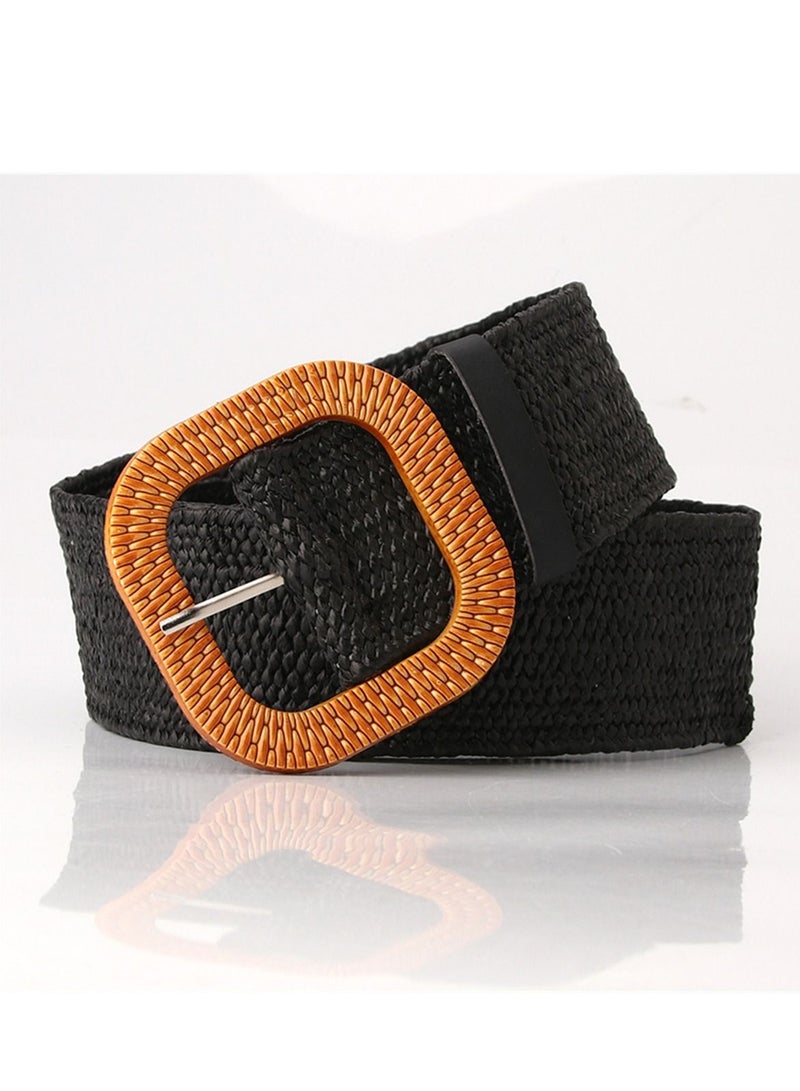 Imitation Grass Knitted Simple All Round Buckle Elastic Braided Elastic Belt 97cm Black
