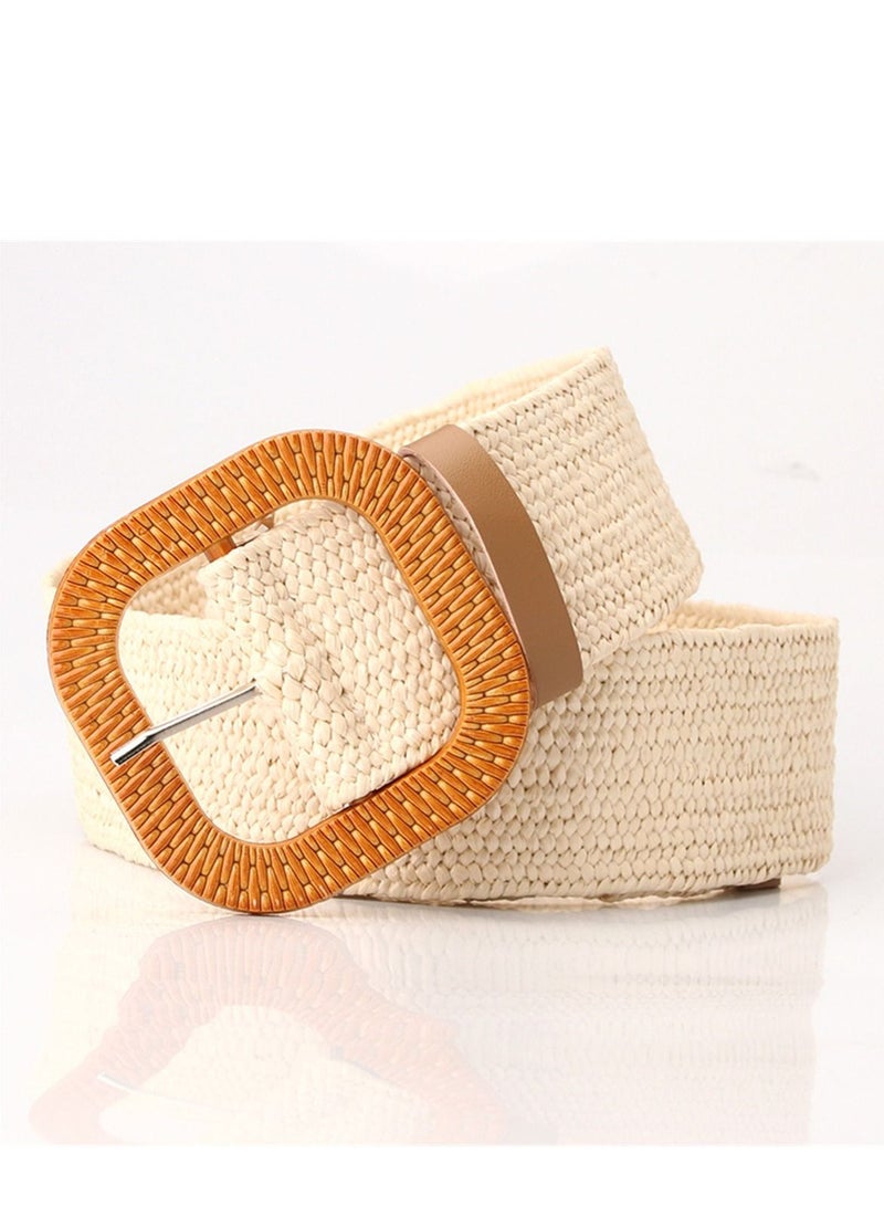 Imitation Grass Knitted Simple All Round Buckle Elastic Braided Elastic Belt 97cm Beige