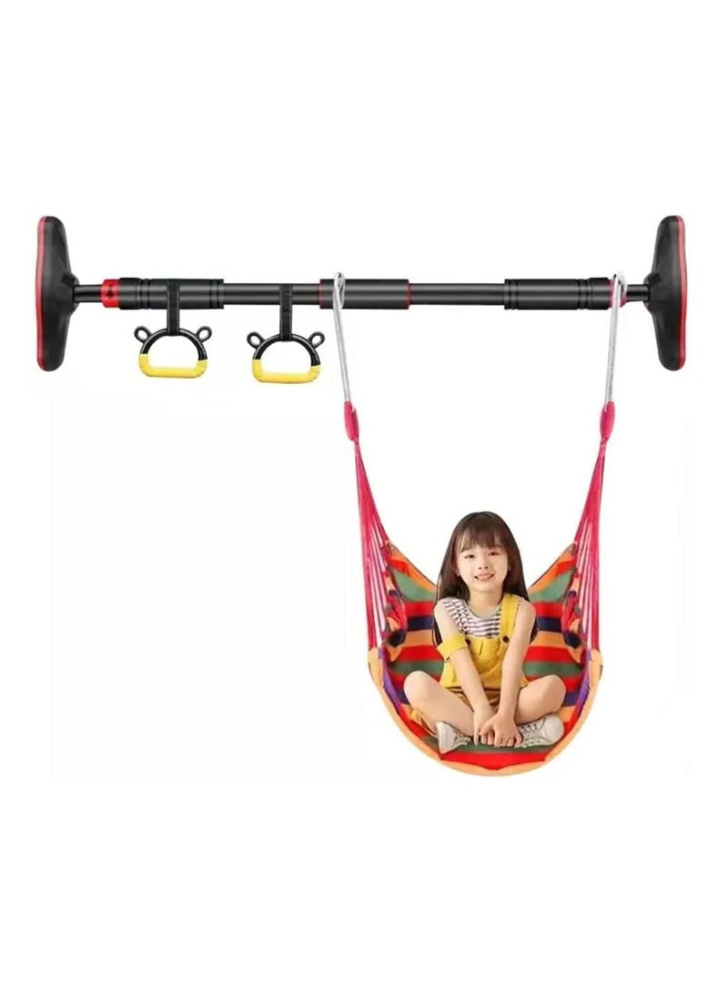Doorway Pull Up Bar with Indoor Swing Trapeze Bar and Cartoon Gymnastic Rings for Kids Adults,39in-59in with Red Swing