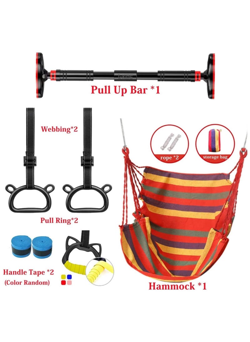 Doorway Pull Up Bar with Indoor Swing Trapeze Bar and Cartoon Gymnastic Rings for Kids Adults,39in-59in with Red Swing