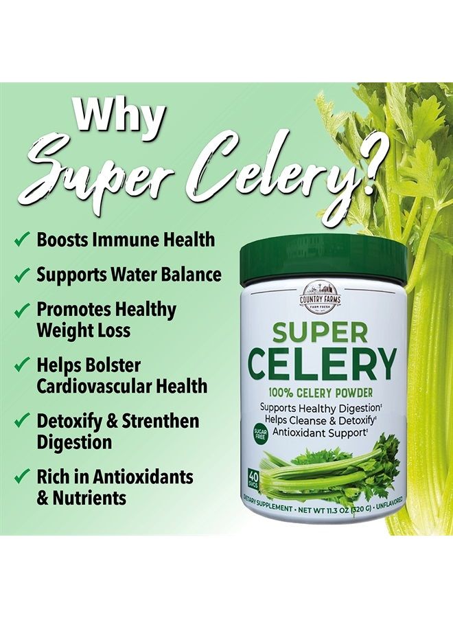 Country Farms Super Celery Powder, 100% Celery Powder, Supports Healthy Digestion, Helps Cleanse & Detoxify, Antioxidant Support, 40 Servings, 11.3 Ounce (Pack of 1)