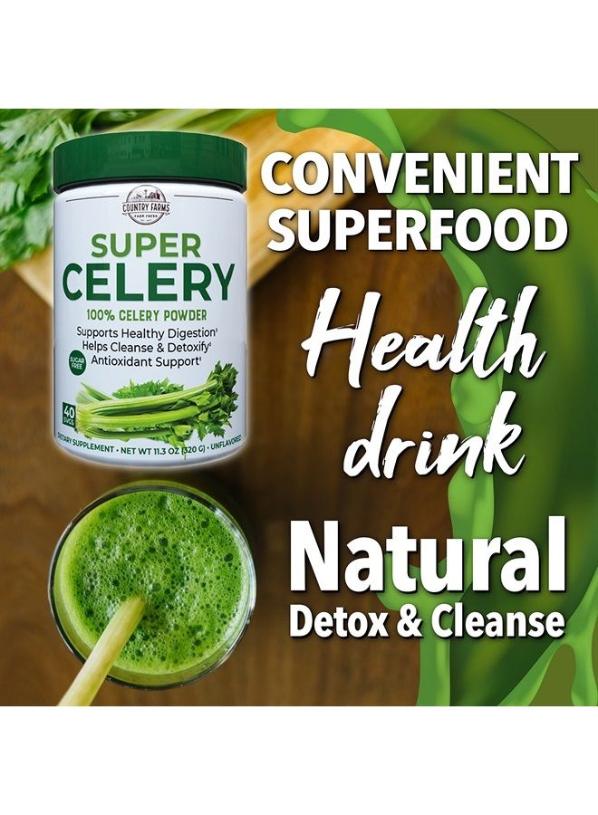 Country Farms Super Celery Powder, 100% Celery Powder, Supports Healthy Digestion, Helps Cleanse & Detoxify, Antioxidant Support, 40 Servings, 11.3 Ounce (Pack of 1)