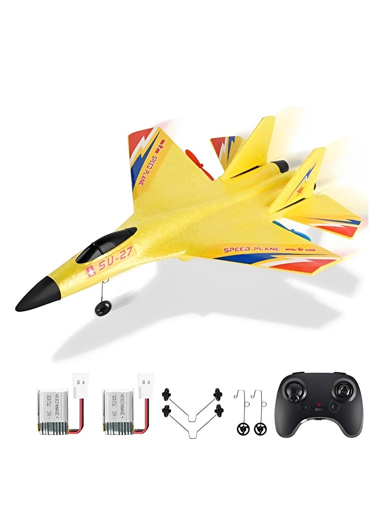 Remote Control Plane SU-27 Raptor 2.4Ghz 6-axis Gyro RC Airplane with Light Strip Jet Fighter Toy Gift for Kids (Yellow)