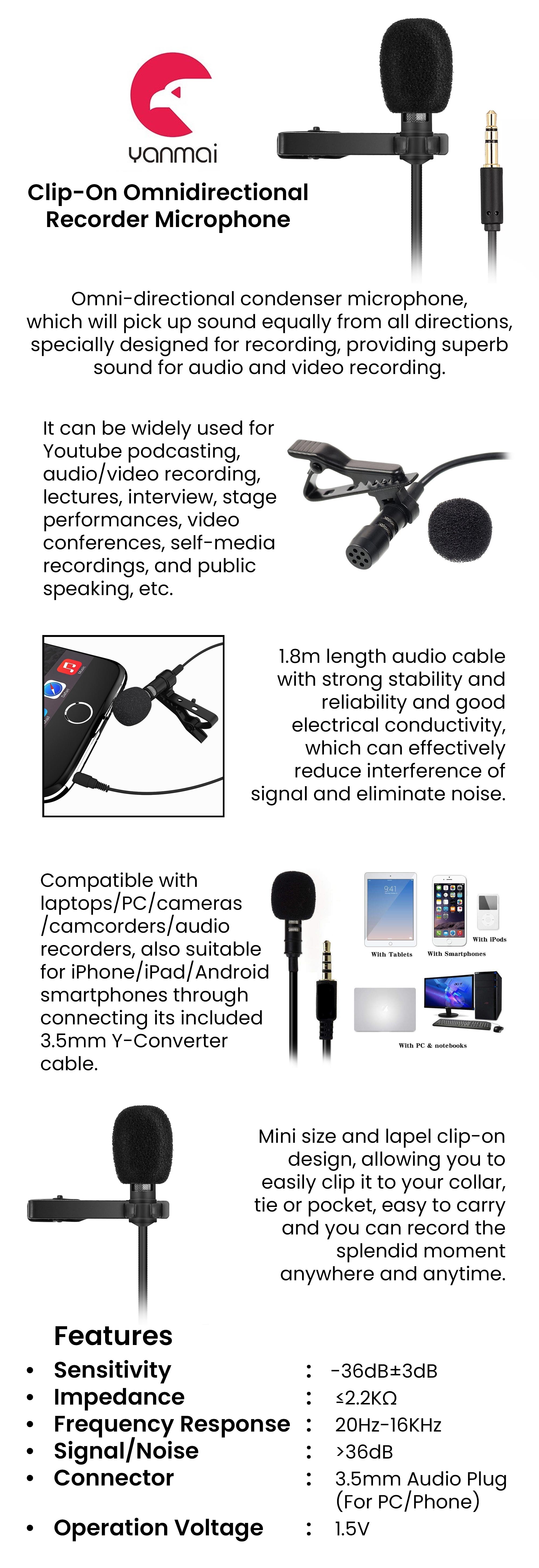 Clip-On Omnidirectional Recorder Microphone V3565 Black