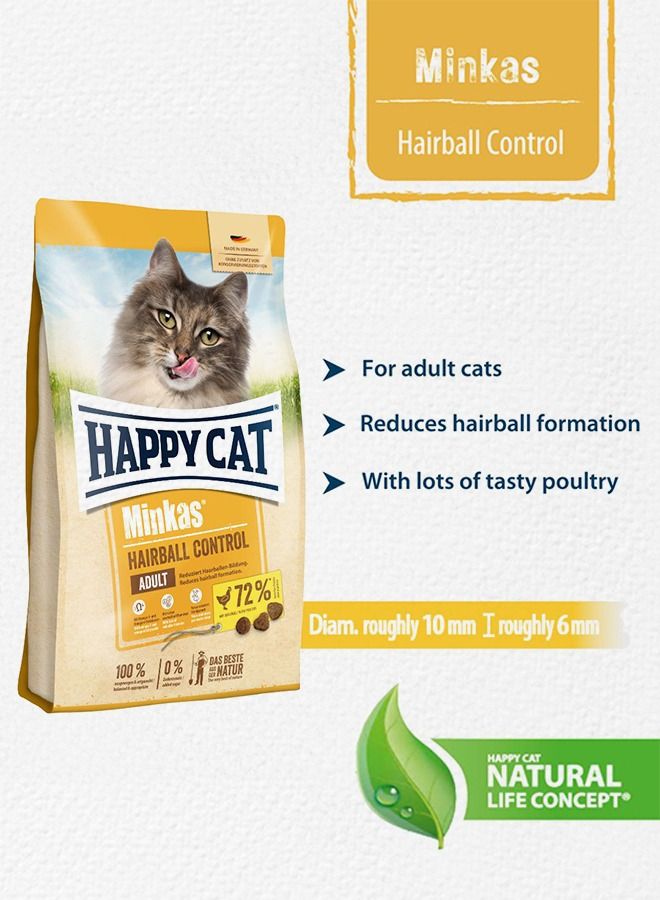 10 kg Minkas Hairball Control for adult cats with poultry, to reduce hairball formation and very gentle on the stomach
