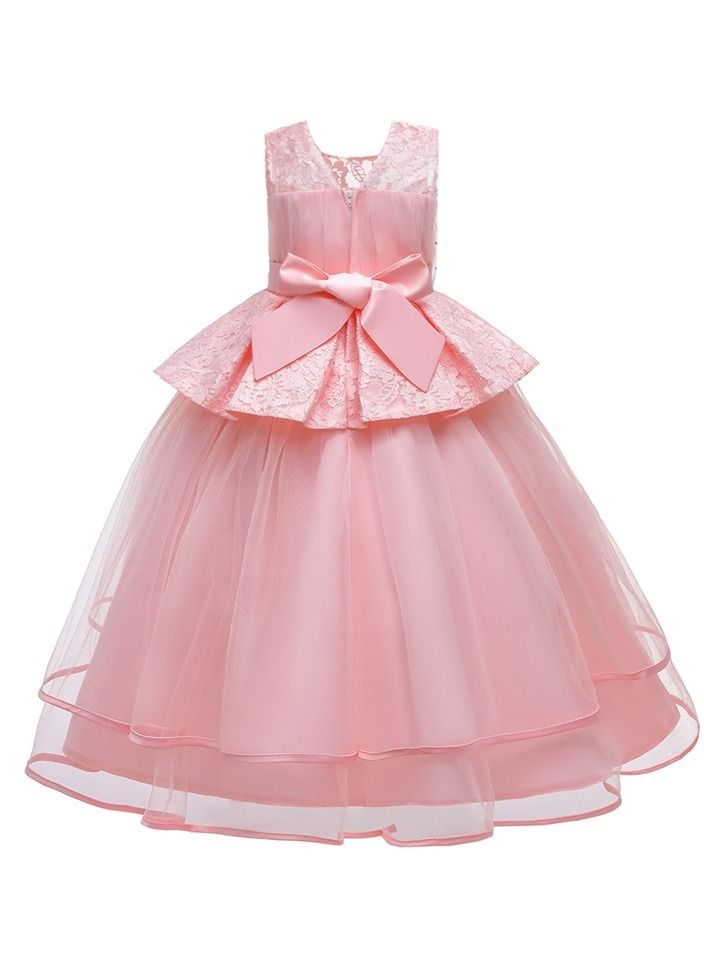 Mesh layered pearl pattern pink long party dress for girls