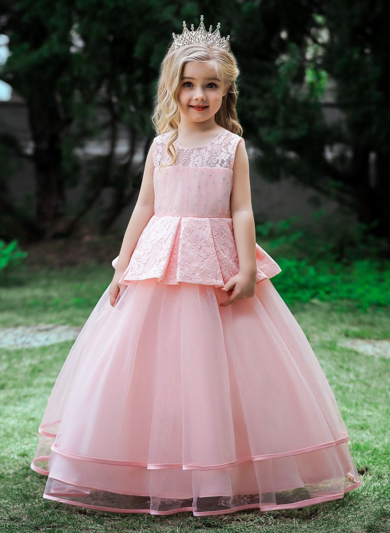 Mesh layered pearl pattern pink long party dress for girls