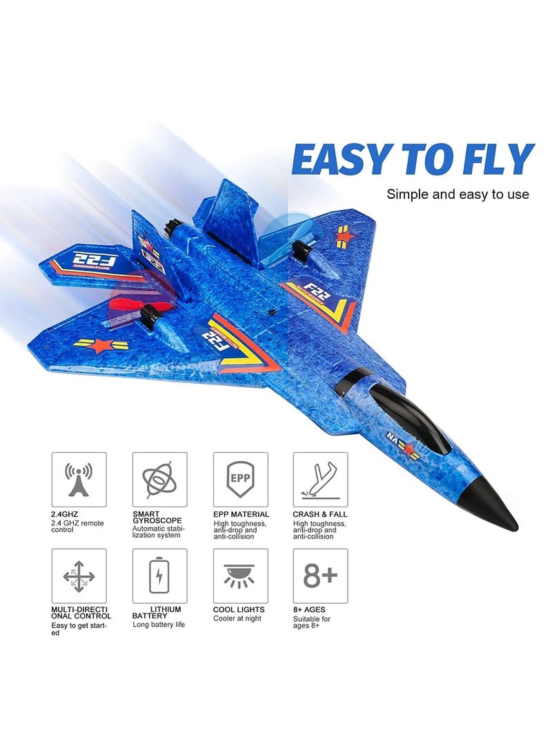 Remote Control Plane RTF F-22   RC Airplane with Light Strip, Jet Fighter Toy for Kids (Blue)