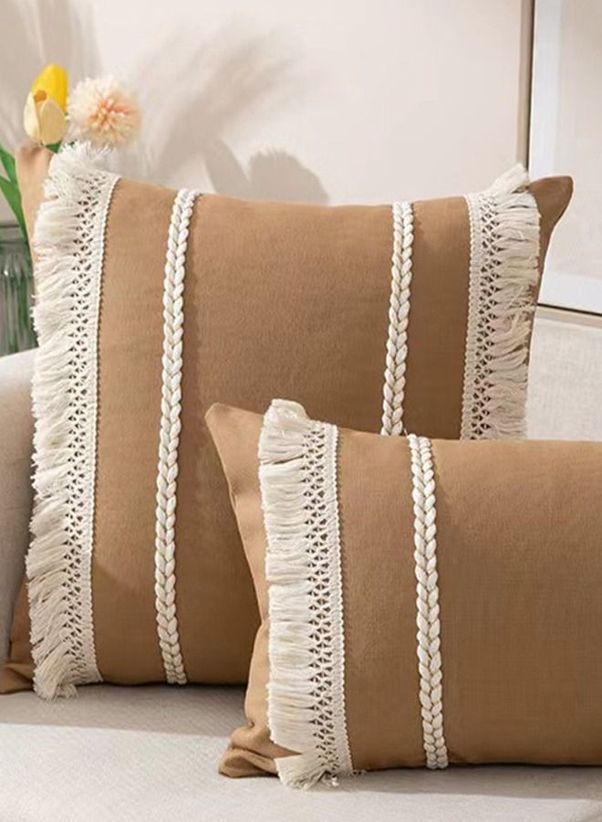 4-Piece Bohemia Tassel Braid Pillow Cover/Throw Pillowcase/Sofa pillow Cover Canvas Material Brown/Beige 45 x 45 Centimeter
