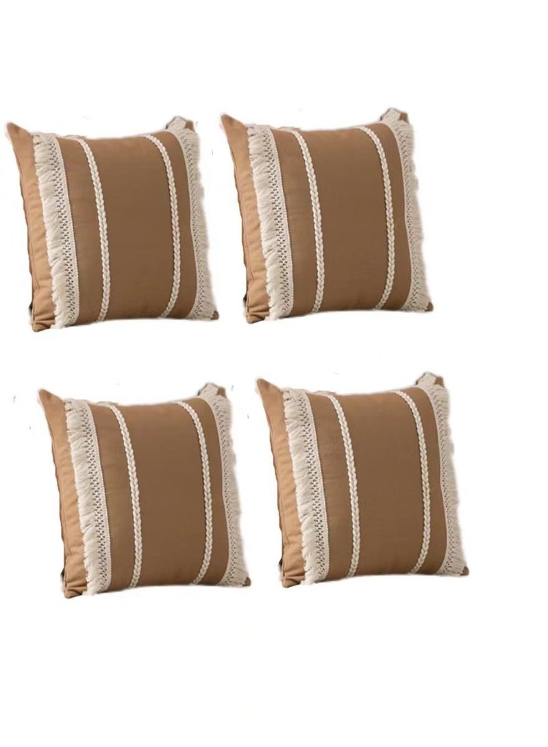 4-Piece Bohemia Tassel Braid Pillow Cover/Throw Pillowcase/Sofa pillow Cover Canvas Material Brown/Beige 45 x 45 Centimeter