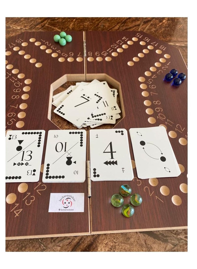 Jackaroojoker Jackaroo 4 players brown circle shape board with playing cards, marble glass balls
