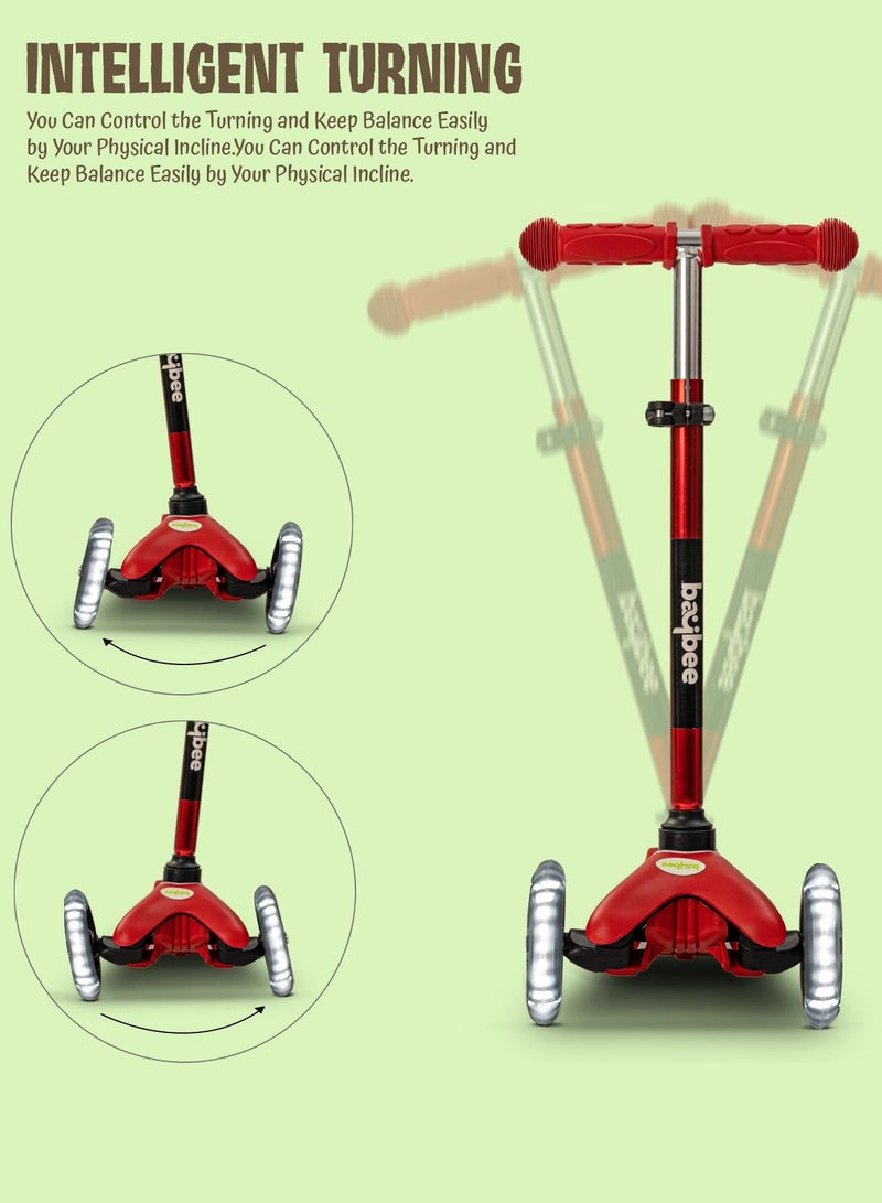 Baybee Mini Zapper Kick Scooter for Kids 3 Wheel Kids Scooter with Height Adjustable Handle with LED PU Wheels Rear Brake Runner Skate Scooter for Kids 2 to 5 Years Boy Girl Red