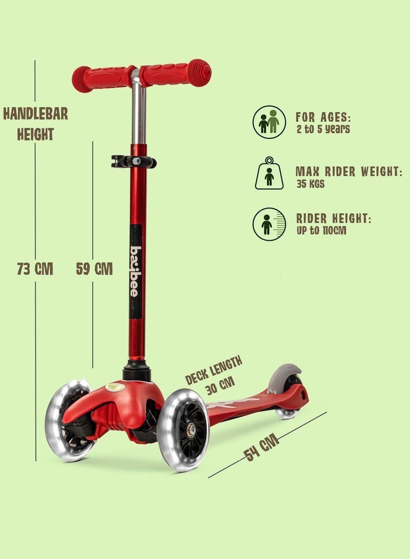 Baybee Mini Zapper Kick Scooter for Kids 3 Wheel Kids Scooter with Height Adjustable Handle with LED PU Wheels Rear Brake Runner Skate Scooter for Kids 2 to 5 Years Boy Girl Red