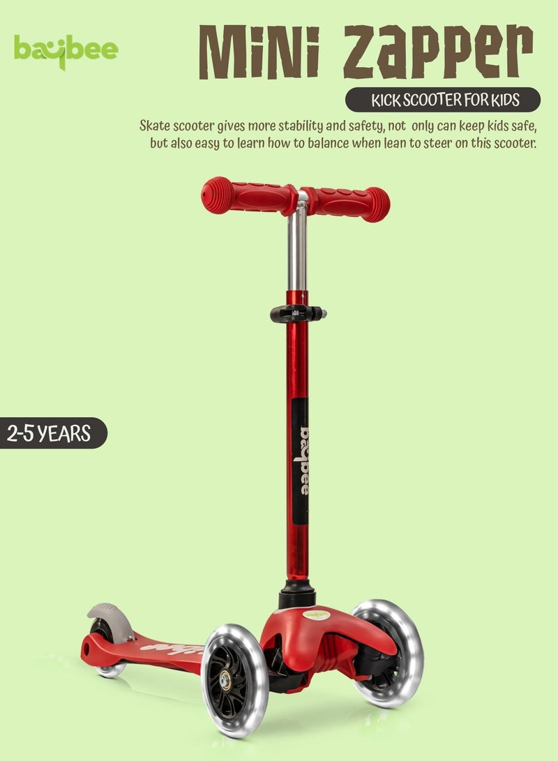 Baybee Mini Zapper Kick Scooter for Kids 3 Wheel Kids Scooter with Height Adjustable Handle with LED PU Wheels Rear Brake Runner Skate Scooter for Kids 2 to 5 Years Boy Girl Red