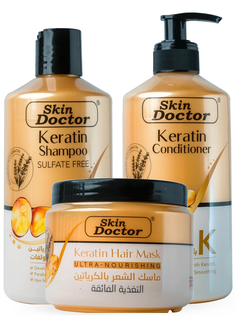 Keratin Shampoo, Conditioner and Hair Mask (Set) for Hair Growth - Sulfate Free - for Color Treated Damaged & Dry Hair, Keratin Hair Treatment for Smoothing & Nourishing - Volume - Ultra Nourishment