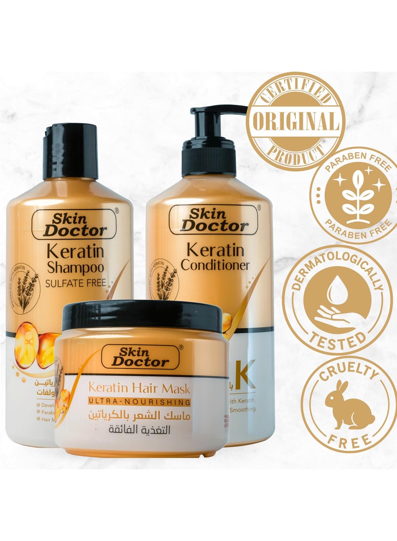 Keratin Shampoo, Conditioner and Hair Mask (Set) for Hair Growth - Sulfate Free - for Color Treated Damaged & Dry Hair, Keratin Hair Treatment for Smoothing & Nourishing - Volume - Ultra Nourishment