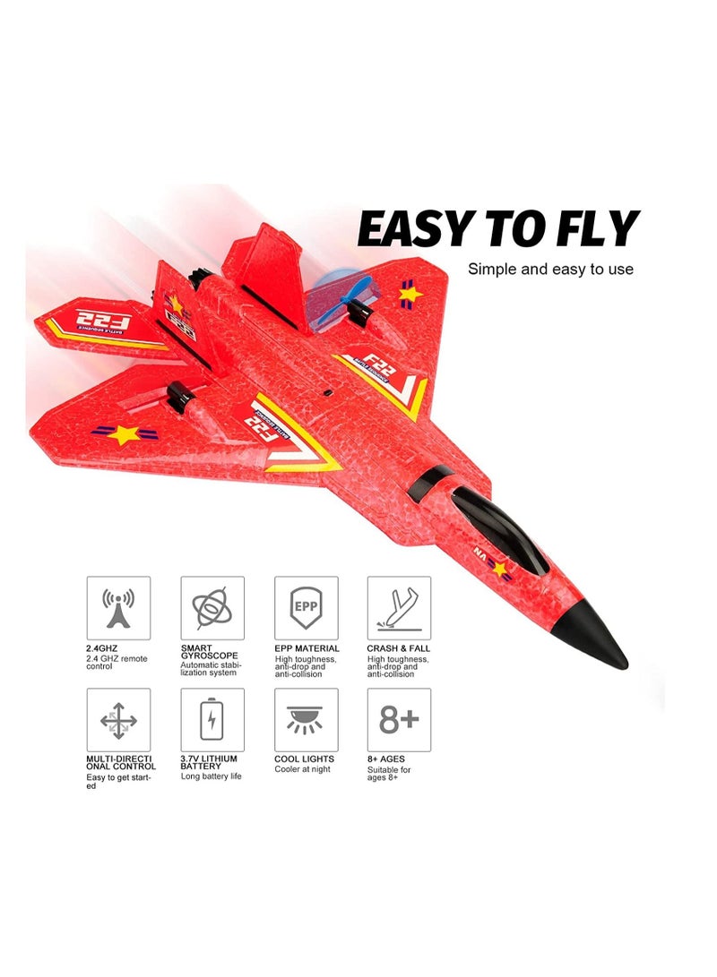 Kids Remote Control Plane F-22 Raptor, 2.4Ghz 6-axis Gyro RC Airplane with Light Strip, Jet Fighter Toy