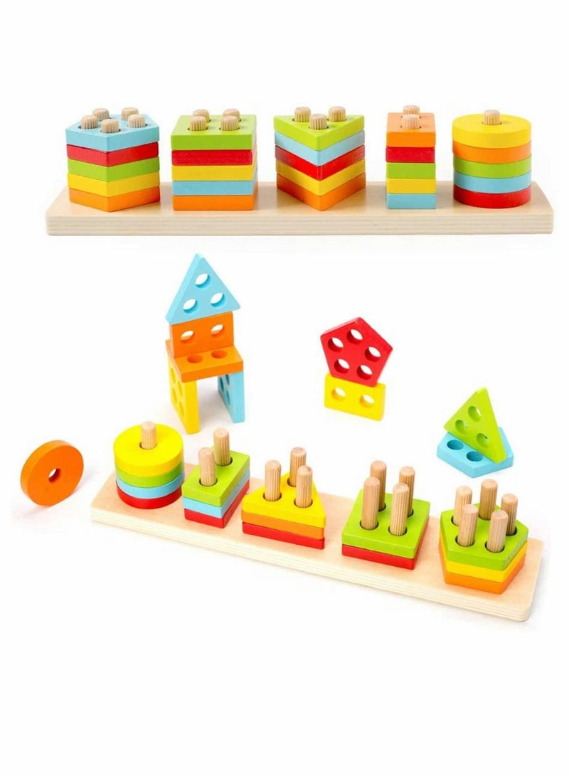 Wooden Sorting Stacking Toy Shape Sorter Toys for Toddlers Montessori Color Recognition Stacker Early Educational Block Puzzles for 1 2 3 Years Old Boys and Girls 5 Shapes