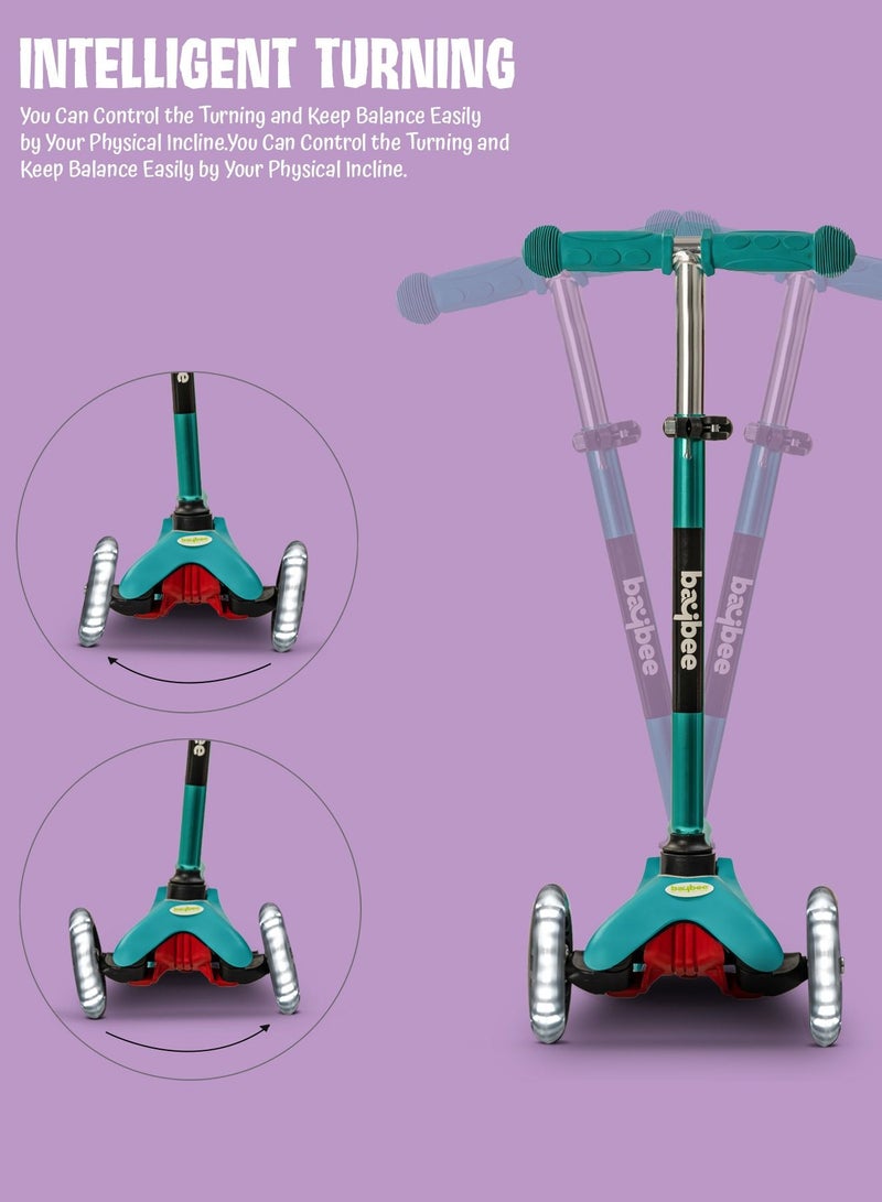 Baybee Mini Zapper Kick Scooter for Kids 3 Wheel Kids Scooter with Height Adjustable Handle with LED PU Wheels Rear Brake Runner Skate Scooter for Kids 2 to 5 Years Boy Girl Green