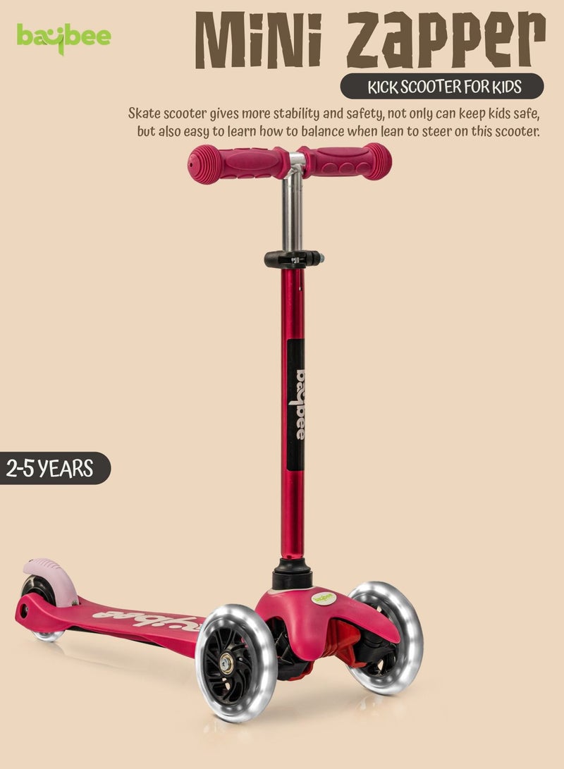 Baybee Mini Zapper Kick Scooter for Kids 3 Wheel Kids Scooter with Height Adjustable Handle with LED PU Wheels Rear Brake Runner Skate Scooter for Kids 2 to 5 Years Boy Girl Pink