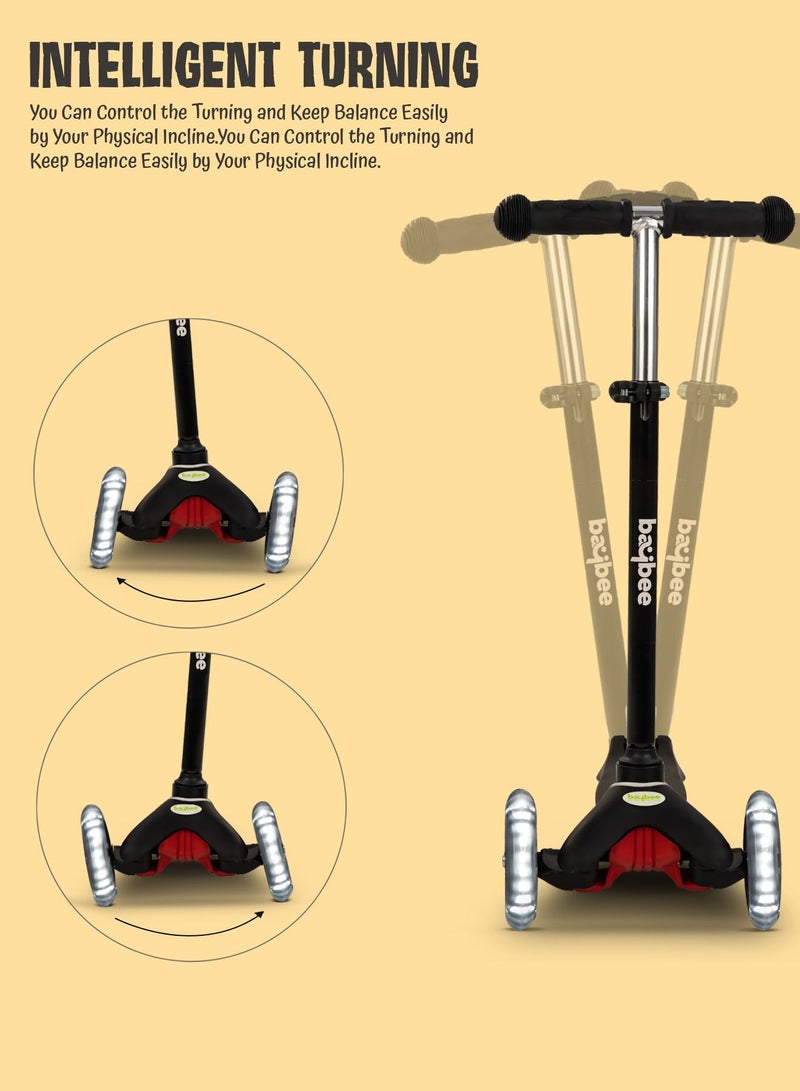 Baybee Mini Zapper Kick Scooter for Kids 3 Wheel Kids Scooter with Height Adjustable Handle with LED PU Wheels Rear Brake Runner Skate Scooter for Kids 2 to 5 Years Boy Girl Black