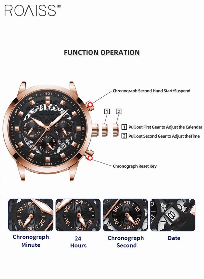 Men's Stainless Steel Strap Quartz Watch, Round Dial Chronograph Watch with Decorative Hollow Pattern, Waterproof Luminous Watch as Gift for Men