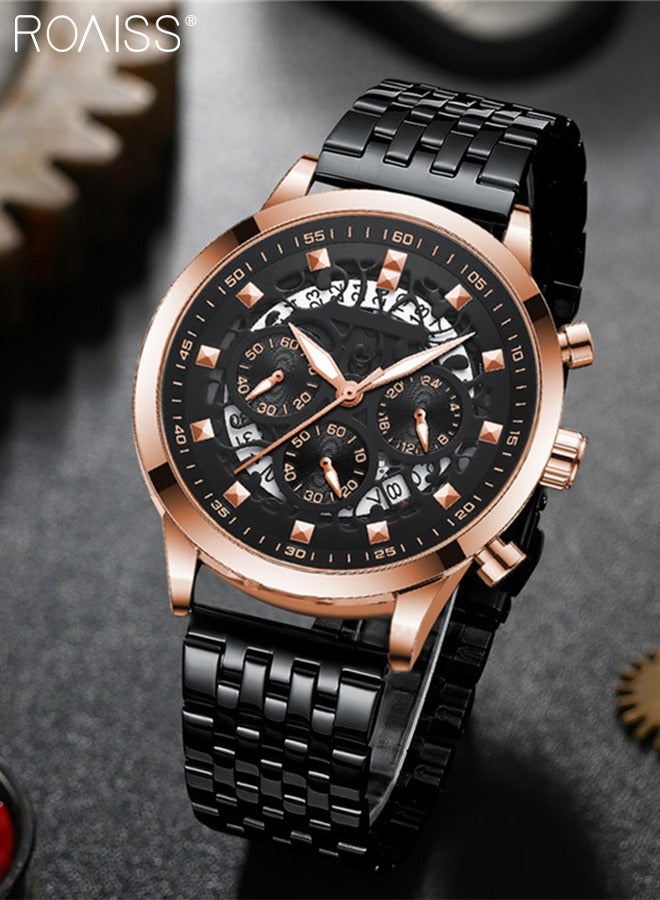 Men's Stainless Steel Strap Quartz Watch, Round Dial Chronograph Watch with Decorative Hollow Pattern, Waterproof Luminous Watch as Gift for Men