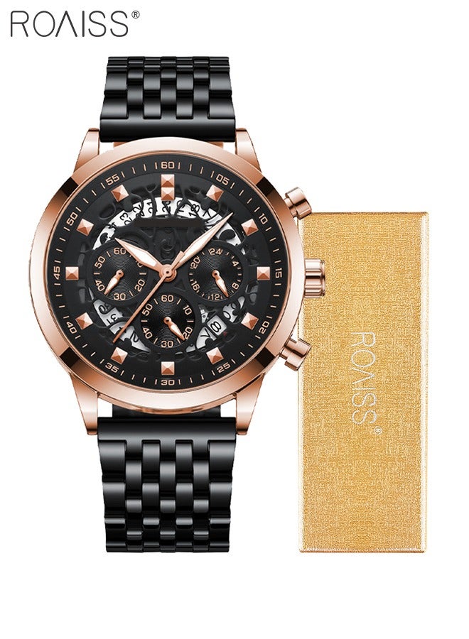 Men's Stainless Steel Strap Quartz Watch, Round Dial Chronograph Watch with Decorative Hollow Pattern, Waterproof Luminous Watch as Gift for Men