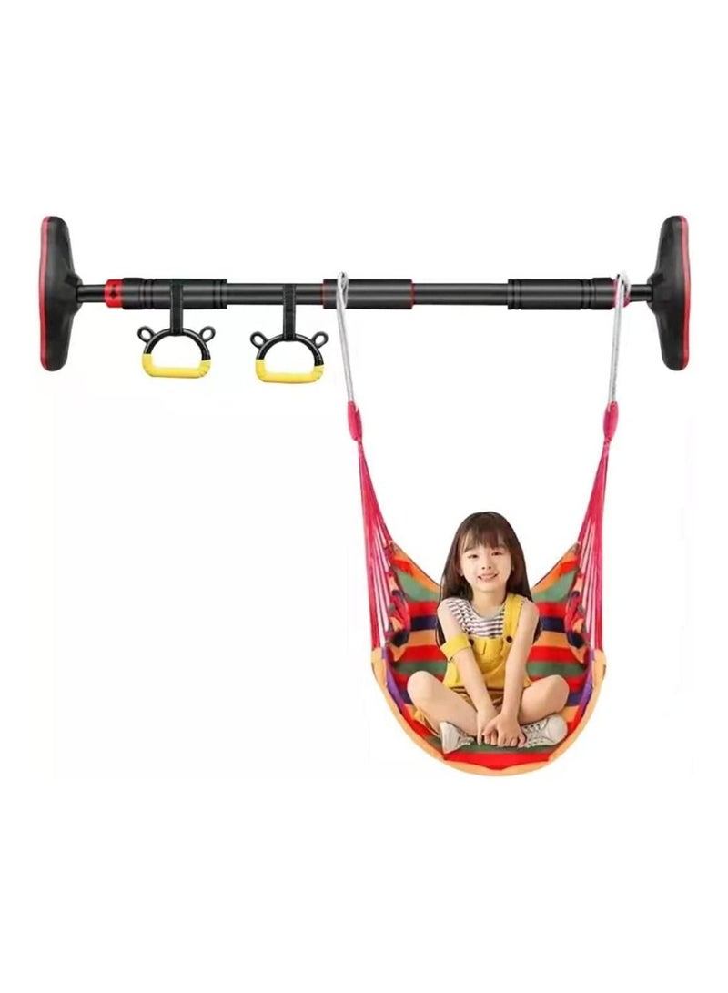 Doorway Pull Up Bar with Indoor Swing Trapeze Bar and Cartoon Gymnastic Rings for Kids Adults,26in-39in with Red Swing