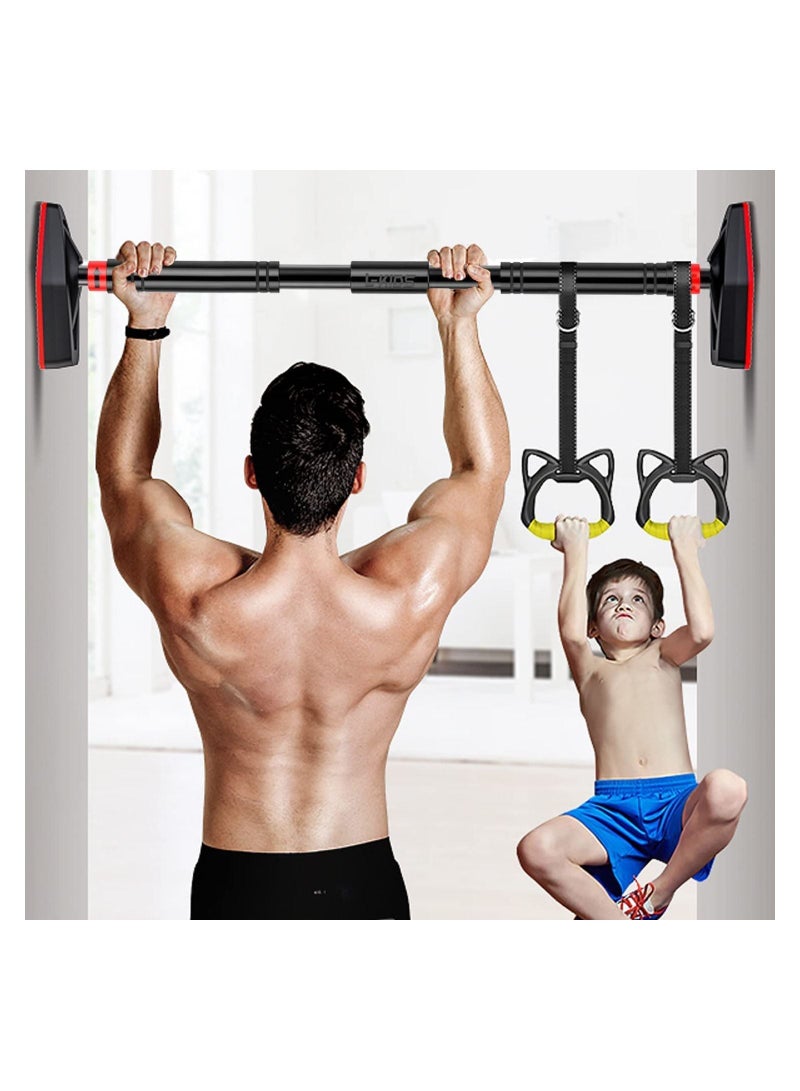Doorway Pull Up Bar with Indoor Swing Trapeze Bar and Cartoon Gymnastic Rings for Kids Adults,26in-39in with Red Swing