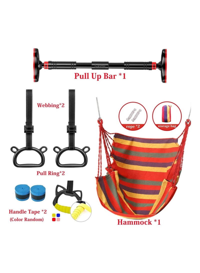 Doorway Pull Up Bar with Indoor Swing Trapeze Bar and Cartoon Gymnastic Rings for Kids Adults,26in-39in with Red Swing