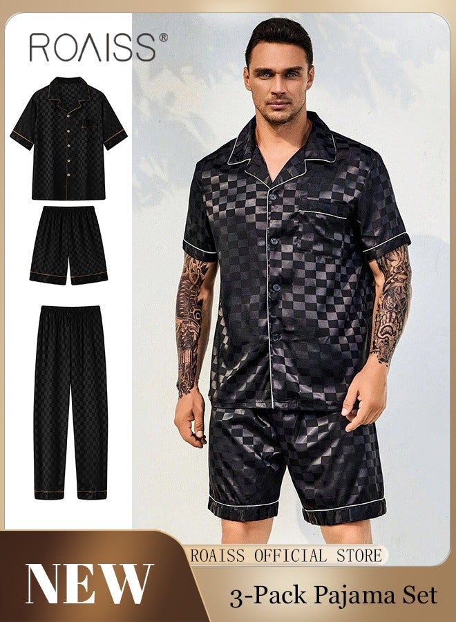 3-Piece Set Men's Short Sleeves Pajamas Pants Trousers Sleepwear Sets Satin Grid Printing Silk Nightgown Male Loose Shirts Spring Summer Loungewear Home Clothes Black