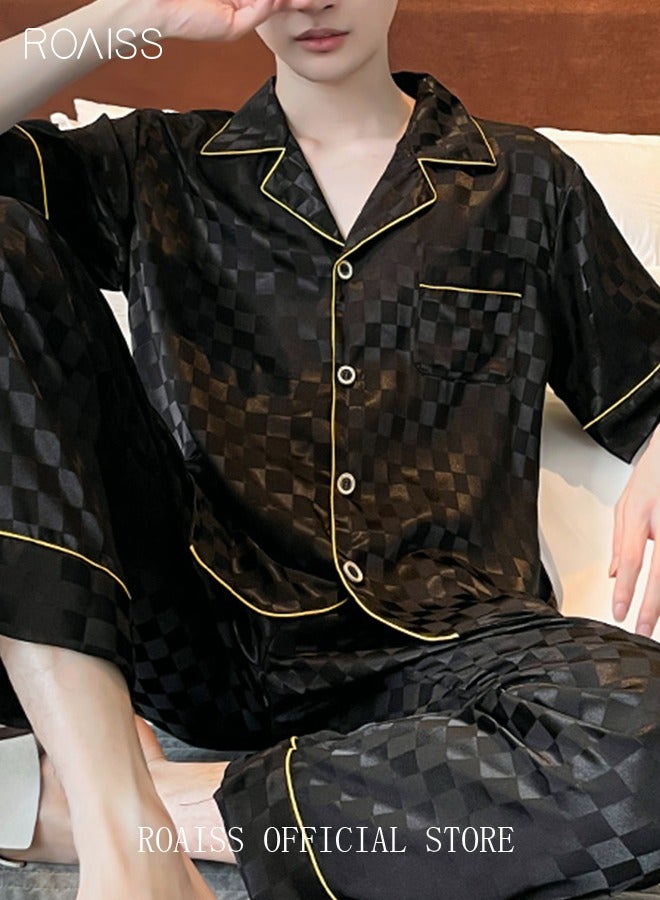 3-Piece Set Men's Short Sleeves Pajamas Pants Trousers Sleepwear Sets Satin Grid Printing Silk Nightgown Male Loose Shirts Spring Summer Loungewear Home Clothes Black