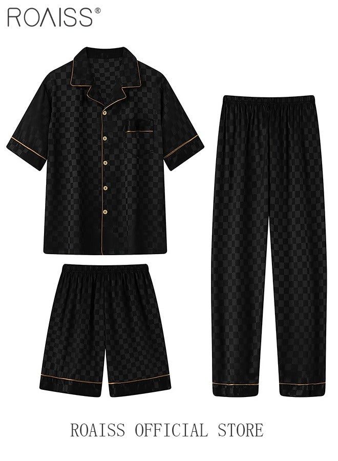 3-Piece Set Men's Short Sleeves Pajamas Pants Trousers Sleepwear Sets Satin Grid Printing Silk Nightgown Male Loose Shirts Spring Summer Loungewear Home Clothes Black