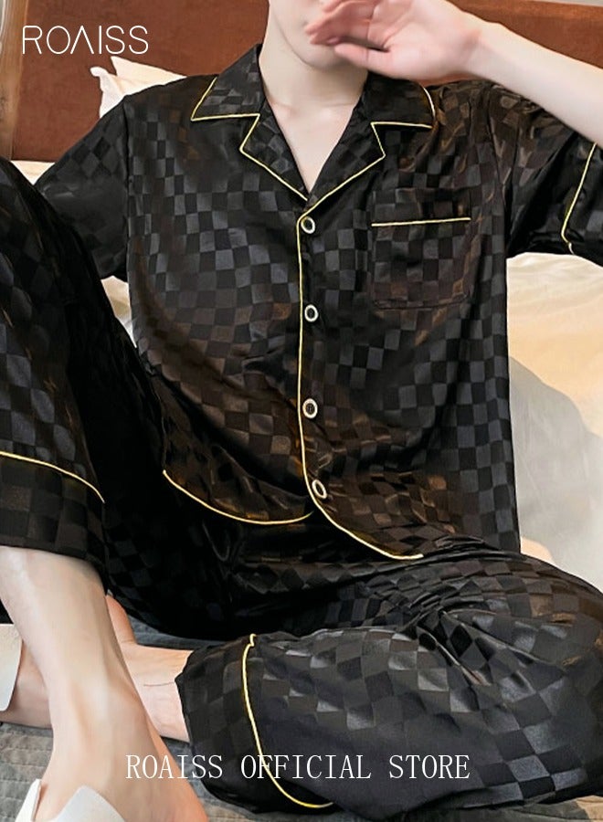 3-Piece Set Men's Short Sleeves Pajamas Pants Trousers Sleepwear Sets Satin Grid Printing Silk Nightgown Male Loose Shirts Spring Summer Loungewear Home Clothes Black