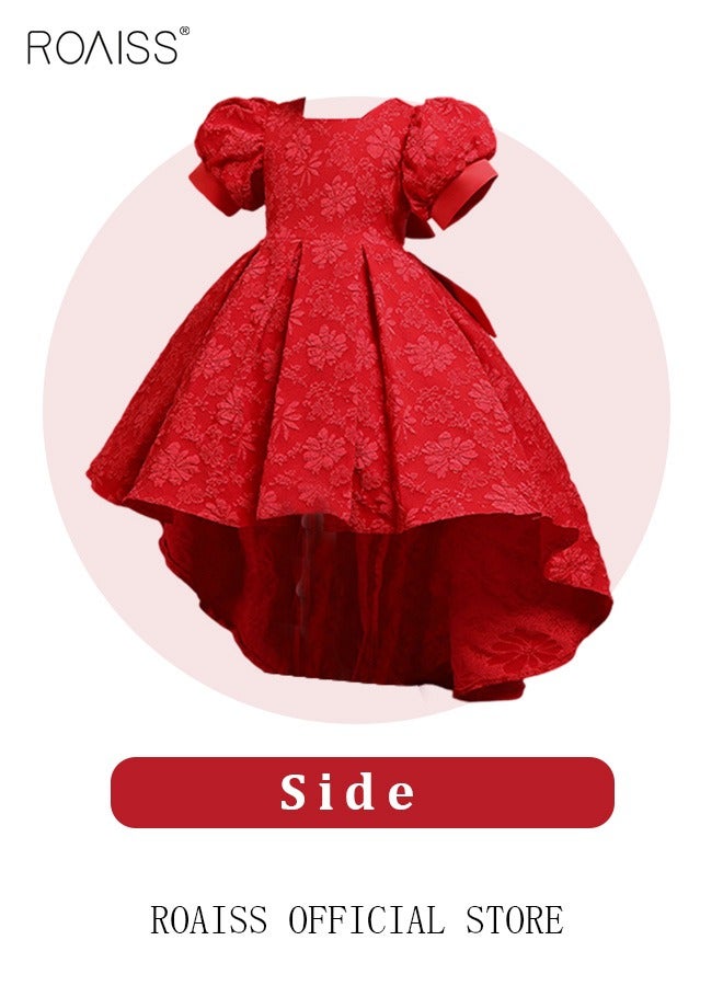 Girls Bow Back Tie Back Gown Dress High Low Hem Party Dress Puff Sleeve Princess Dress Toddler Little Kids Party Wear Wedding Evening Formal Pageant Dance Gown for Birthday Red