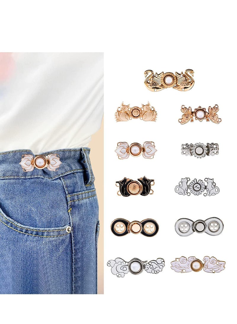 Jean Waist Adjustment Buckle Buttons, 11 Pcs Pant Clips for Waist Fashion DIY Sewing Button for Dress Jeans Too Big Loose, Adjustable Pant Waist Tightener Flower Buckle