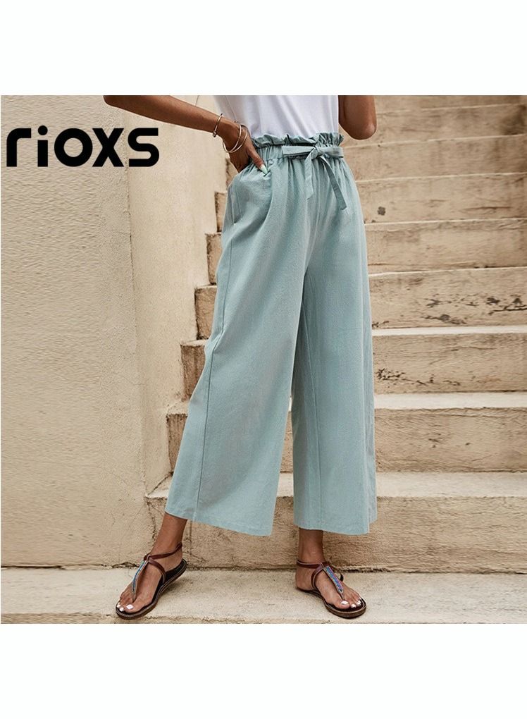 Wide Leg Ruffle Pants For Women Girls Casual Loose High Waist Tie-Knot Trousers With Pockets Woman's Summer Flowy Pants