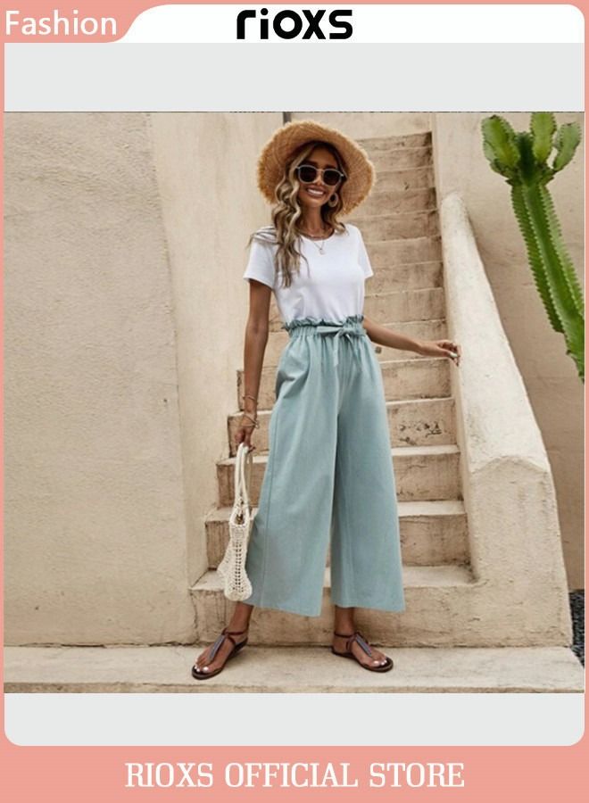 Women's Casual Wide Leg Pants Cotton Linen Pants Elastic High Waist Trousers With Pockets