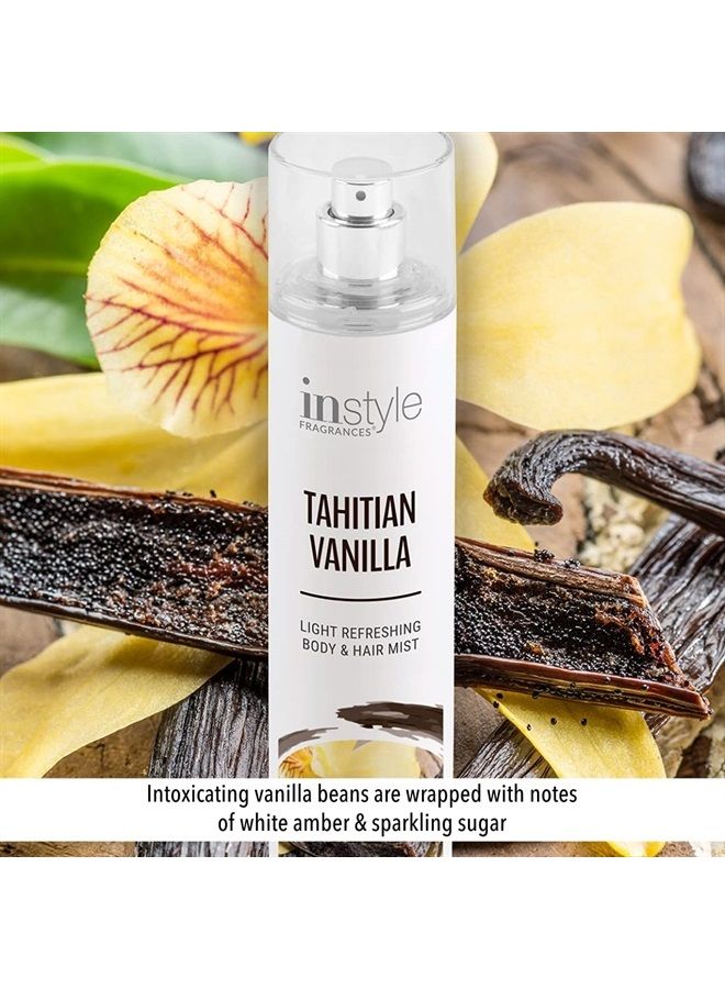 Body & Hair Mist | Tahitian Vanilla Scent | With Panthenol | CLEAN, Vegan, Paraben Free, Phthalate Free | Premium 8 Fl Oz Spray Bottle